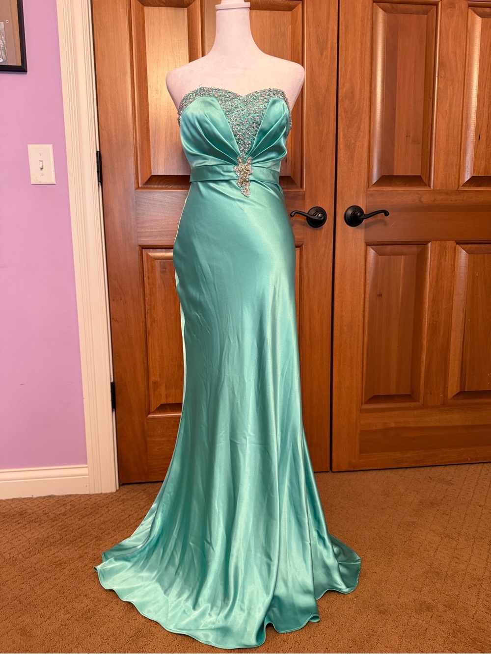 Sean Express Teal Embellished Satin Body con Dress Size 4 Y2K